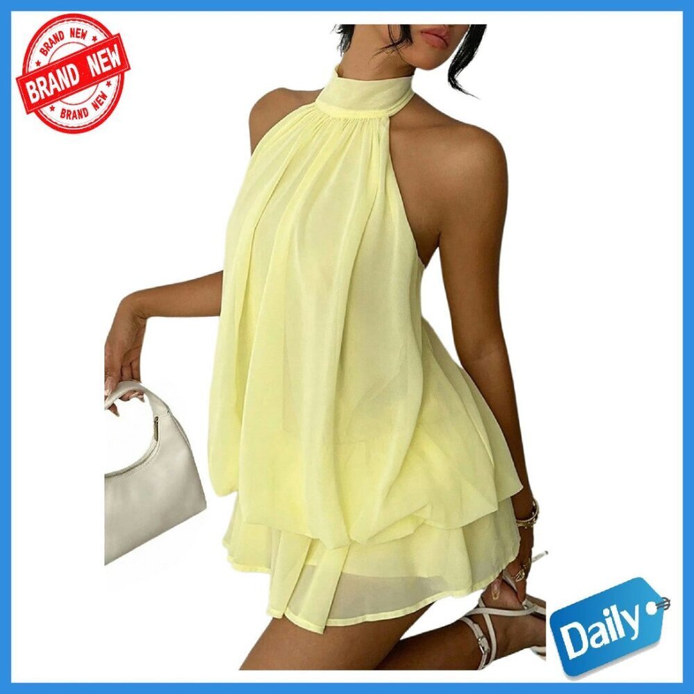 Chiffon Halter Drop Waist Mini Dress Ruffle Backless Wedding Guest